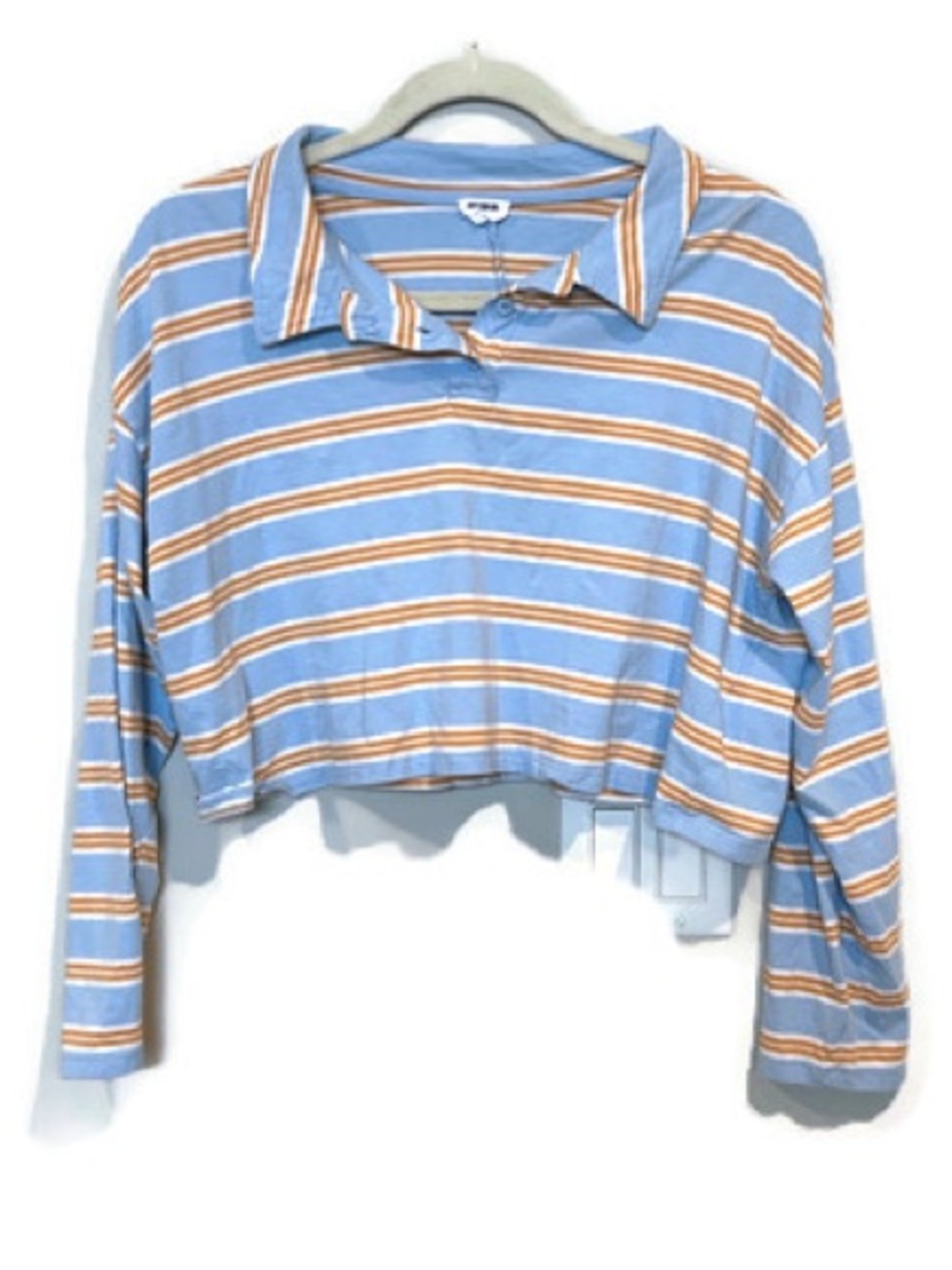 Cotton On Light Blue and Mustard Striped Cotton Cropped Long Sleeve Polo